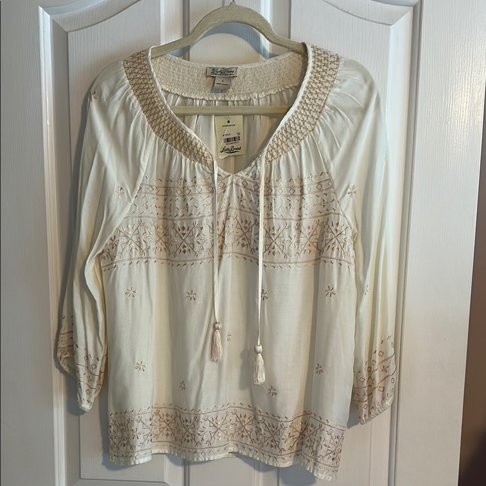 Lucky Brand Cream Smocked 3/4 Sleeve Blouse